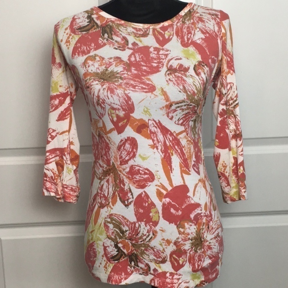 CABI Floral Knit Blouse With Rouged Sides.